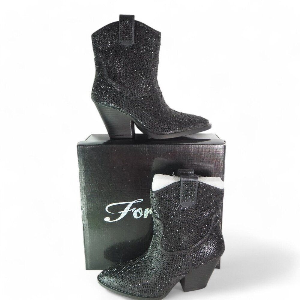 Forever River Rhinestone‎ Embellished Pointed Toe Ankle Boots Black Women's 6